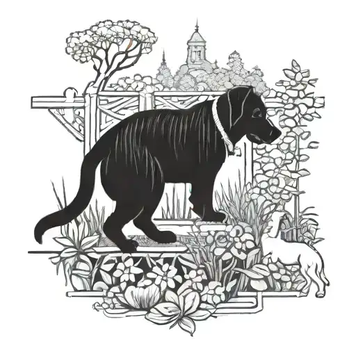 A Blackwork Tattoo Of A Landscaper Working On A Garden With Their Favorite Dog By Their Side