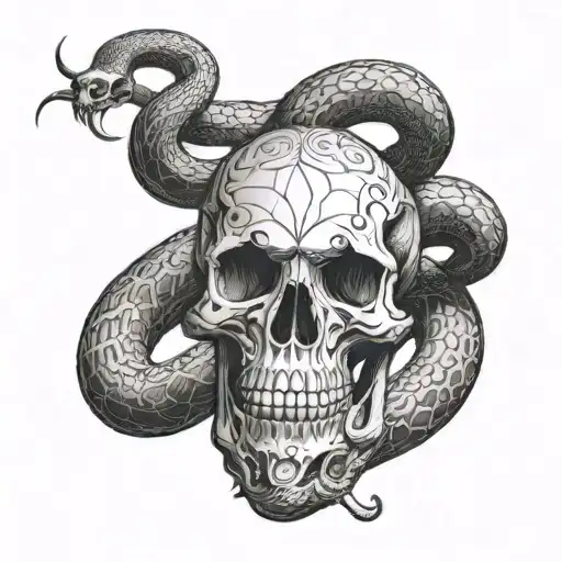 Long Snake Wrapped Around A Skull Surrounded