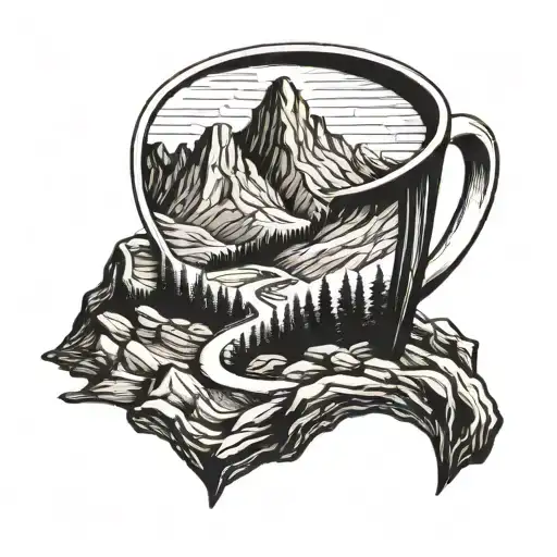 A Mountain Landscape With A Winding Hiking Trail Leading Up To A Coffee Cup At The Summit