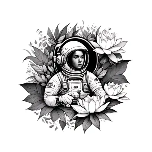 Astronaut Surrounded By Leaves And Lotus Flowers
