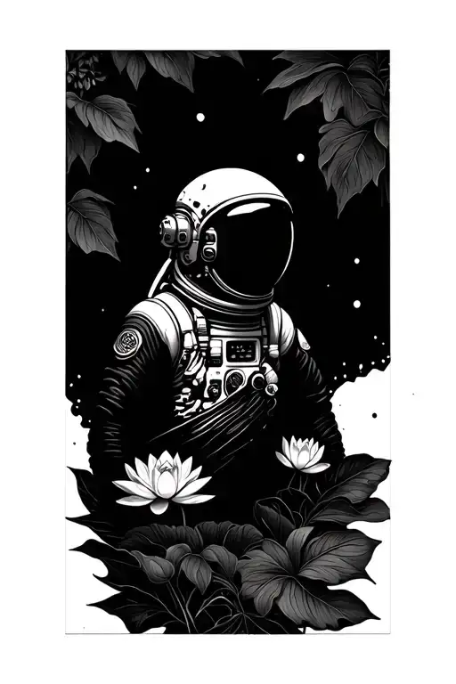 Astronaut Surrounded By Leaves And Lotus Flowers