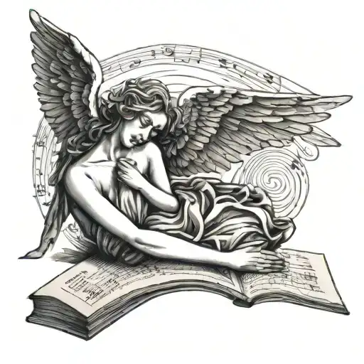 A Surreal Tattoo Of A Tired Angel Resting On A Beach With A Music Sheet Blowing In The Wind