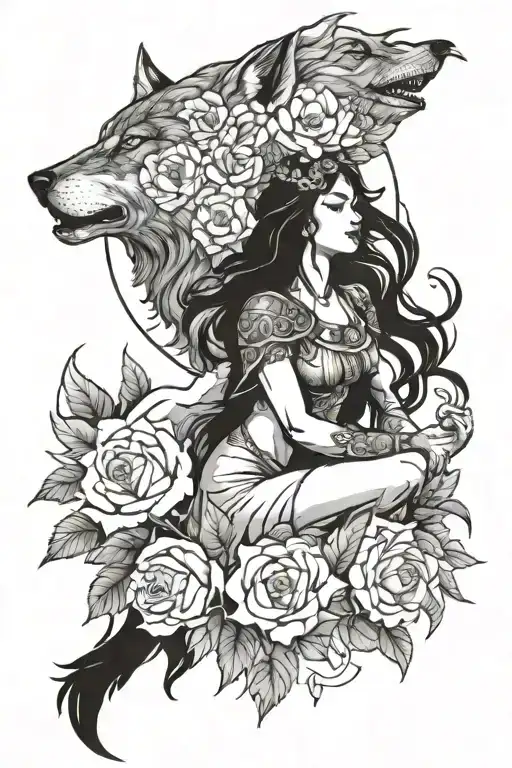 Warrior Godess And Wolf Howling With Flowers