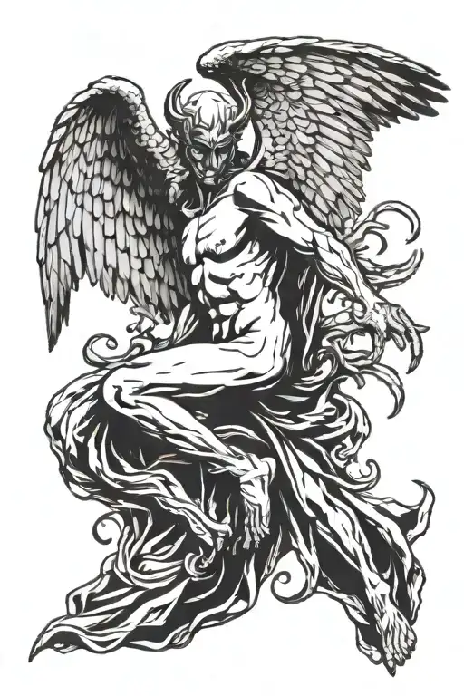 Falling Angel With Devil Wings From Behind With Horns On His Head