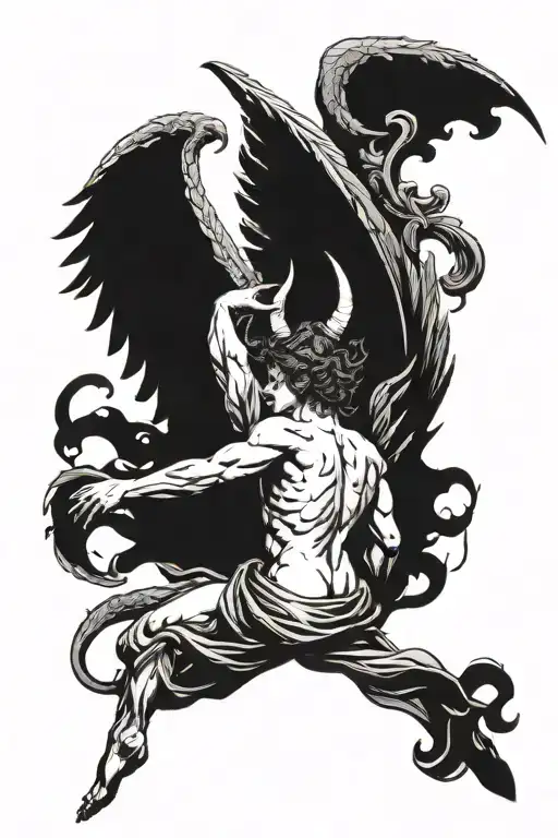 Falling Angel With Devil Wings From Behind With Horns On His Head