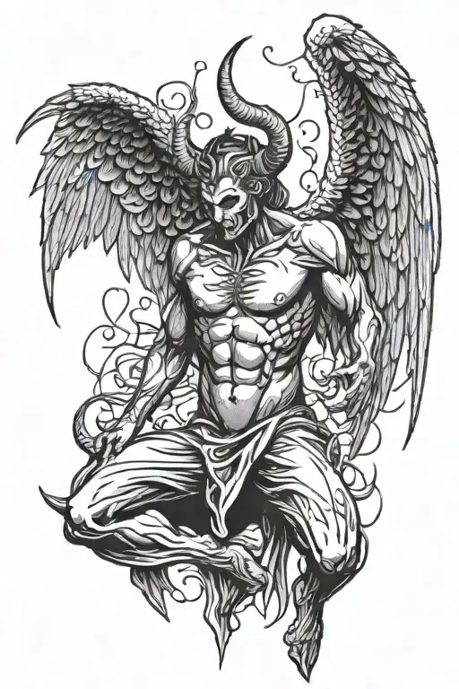 Falling Angel With Devil Wings From Behind With Horns On His Head