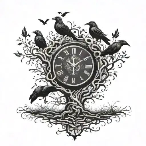 Family Tree Growing Roots Over A Clock Embedded With 6 Crows Perched
