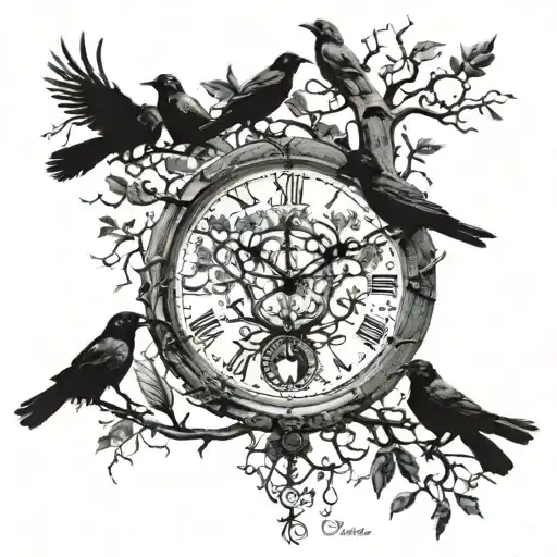 Family Tree With A Clock Embedded With 6 Crows Perched