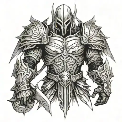 Tyrael From The Video Game Diablo Full Body With His Sword In Front But In The Middle Of His Chest