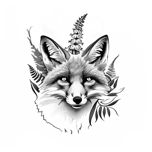 Fox With Ferns And Flowers Growing Out Of It