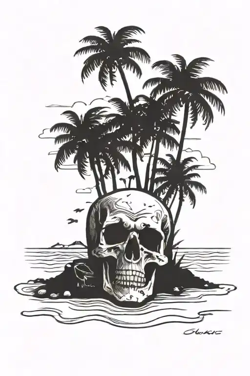 Scull Lying On Beach Scene With Palm Trees
