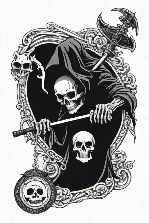 Reaper With Scythe Holding An Hour Glass With A Baby In The Top And Skeleton In The Bottom