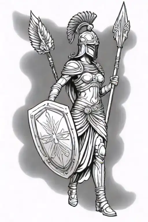 Minimalist Pallas Athena Holding Spear And Shield And Wearing Helmet