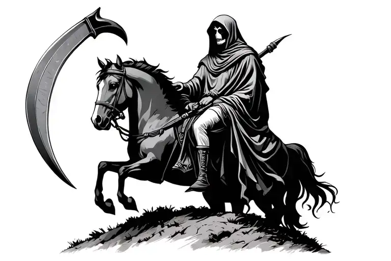 Grim Reaper Sitting On A Horse With Scythe On A Hill