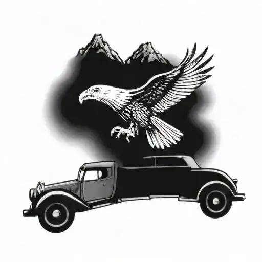 A Vintage Car Driving Through A Mountain Pass With An Eagle Soaring Above It