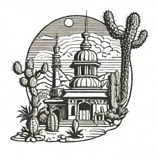 A Funky Desert Scene With Cacti Playing Blues Instruments Under A Pagoda Temple