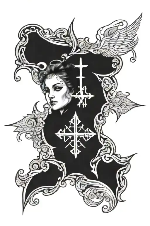 Seal Of Seven Archangels And Penticle On Females Face With Cross For Tattoo Sleeve