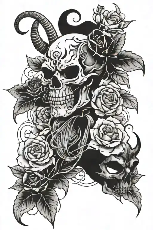 Skull With Roses And Oni Mask With Japanese Clouds Around