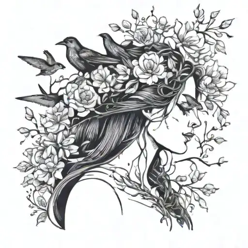 A Hauntingly Beautiful Tattoo Of A Depressed Woman Surrounded By Delicate Flowers And Birds