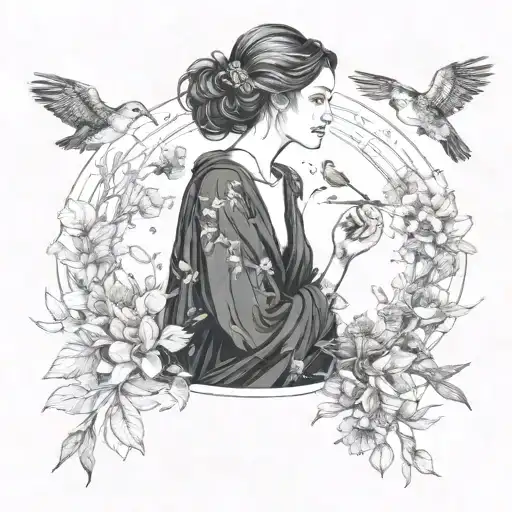 A Hauntingly Beautiful Tattoo Of A Depressed Woman Surrounded By Delicate Flowers And Birds