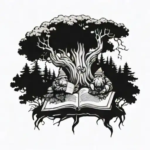 A Mystical Forest Scene With Gnomes Reading Books Under A Giant Tree