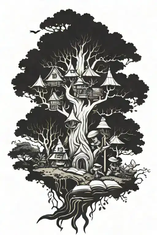 A Mystical Forest Scene With Gnomes Reading Books Under A Giant Tree