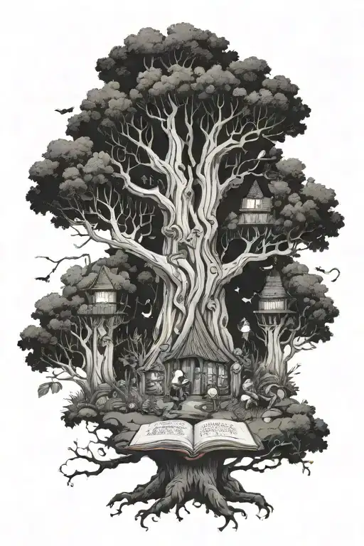 A Mystical Forest Scene With Gnomes Reading Books Under A Giant Tree