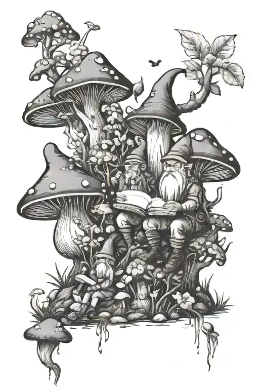 A Mystical Forest Scene With Gnomes Reading Books Under Mushrooms