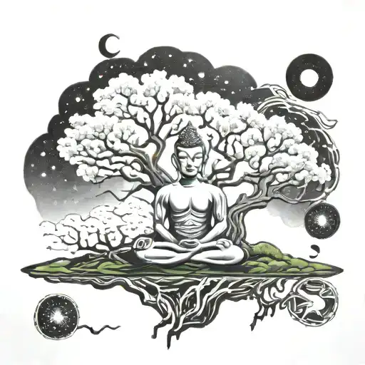 Alien Buddha Meditating Under A Cosmic Tree With Music Notes Floating Around