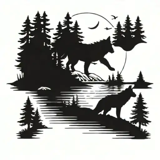 A Family Of Wolves Drinking Water From A Lake In The Middle Of A Forest As The Full Moon Rises