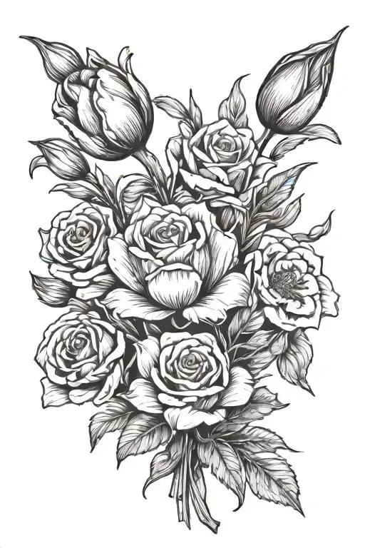 Flower Bouquet With One Tulip One Iris And Two Roses