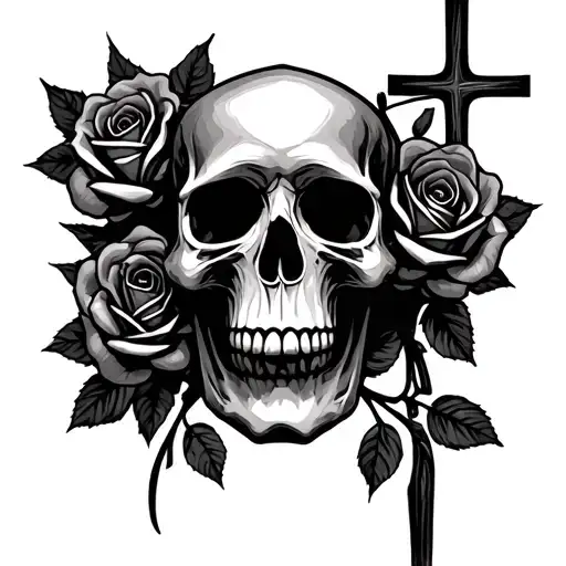 Skull And Roses With A Cross Going Through It