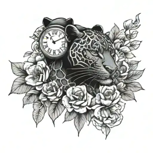 Black Panther With 2 Clocks And Flowers