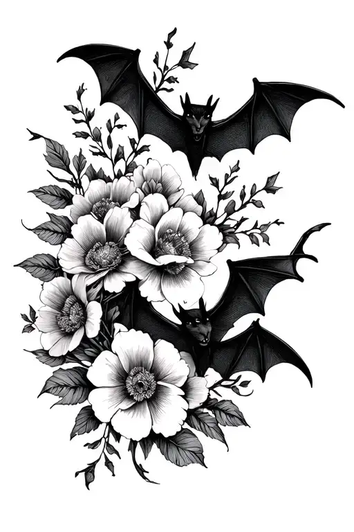 Blackout Tattoo With Flowers And Bats