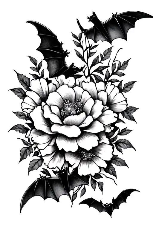 Blackout Tattoo With Flowers And Bats Masculine