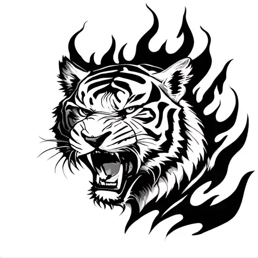 An Angry Tiger Head With Fire Around It