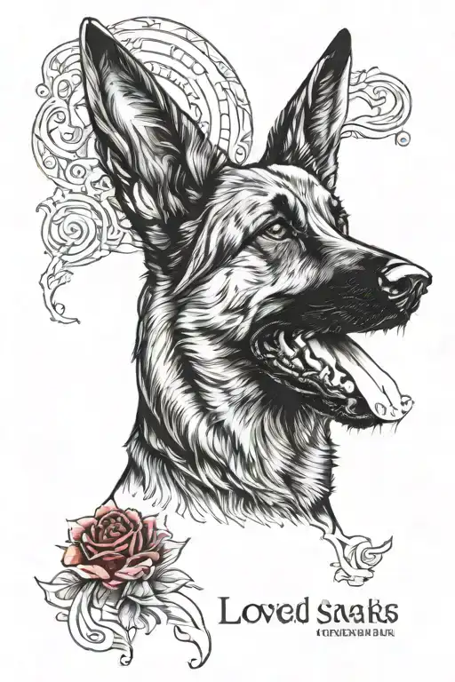 Ears Of A German Shepherd With A Quote That Say Loved By An Angel In Red Color
