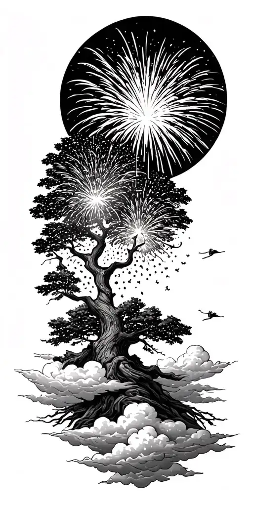 Tree Of Life With Fireworks Exploding In Background Leading Up To Clouds Going Into Heaven