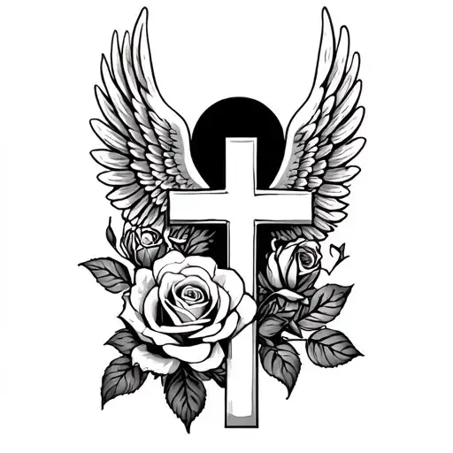 Roses And Cross With Angel Wings
