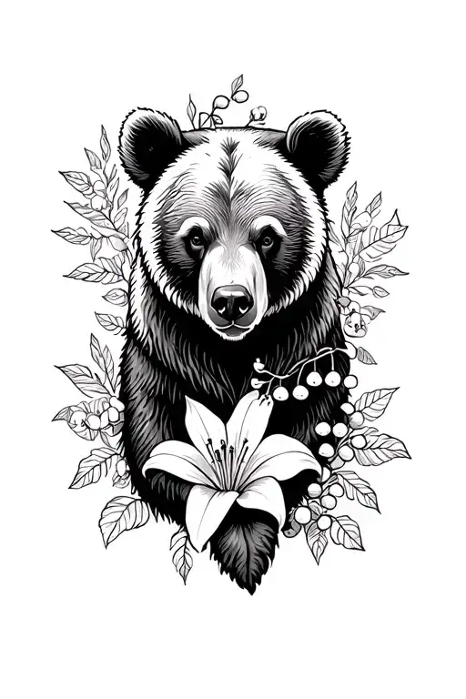 American Traditional Style Black Bear With Lily Of The Valley And Hawthorn
