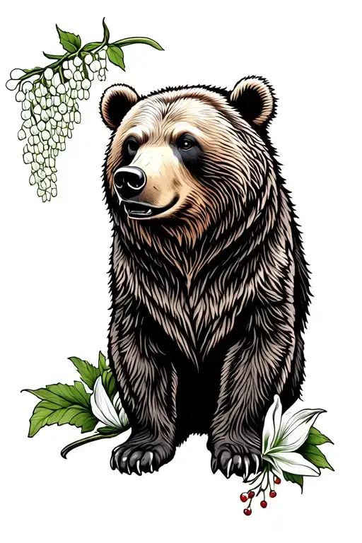 American Traditional Style Grizzly Bear With Lily Of The Valley And Hawthorn