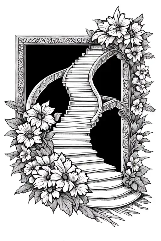 Staircase Leading To Heaven In A Square Shape With Flowers In An Ignorant Tattoo Style