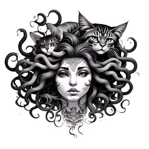 Medusa Head With Multiple Different Ferocious Cats In Her Hair Instead Of Snakes