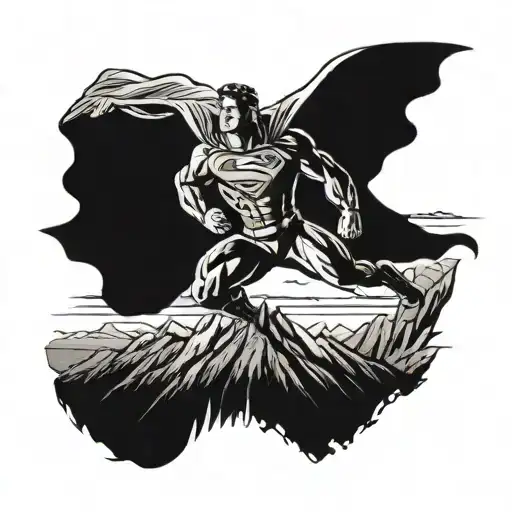 A Silhouette Of Superman Flying Over A Mountain Range