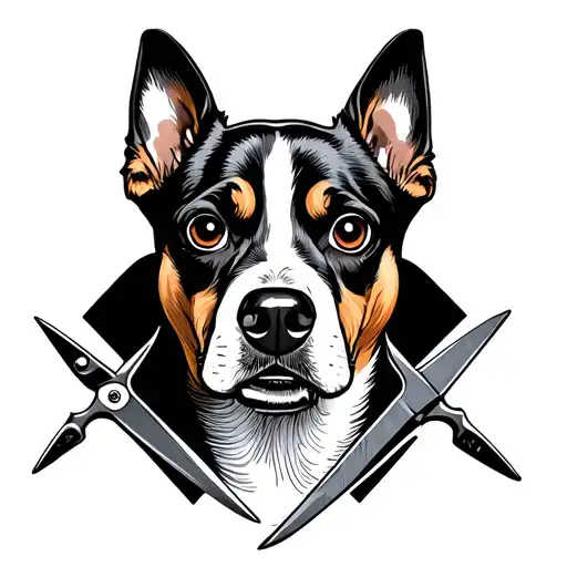 Dog's Head With Narrow Eyes And With Scissors From Behind