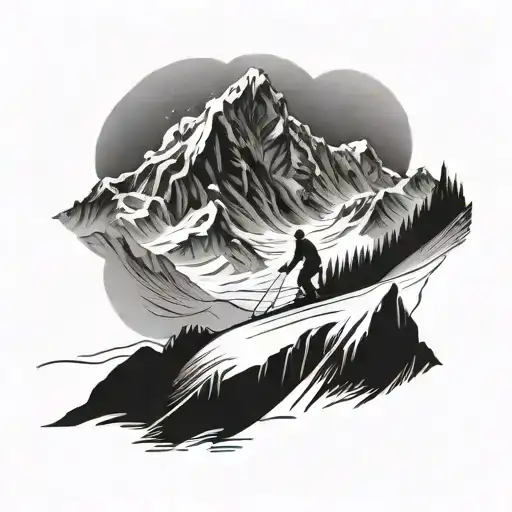 A Majestic Mountain Landscape With A Skier Carving Through Fresh Powder