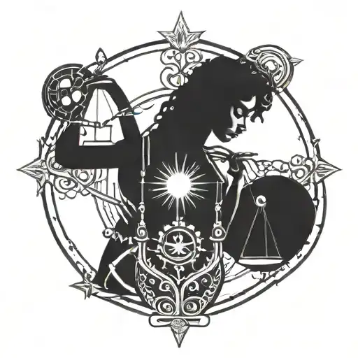 A Celestial-themed Tattoo Incorporating Elements Of The Libra Zodiac Sign And Black Goddess Imagery