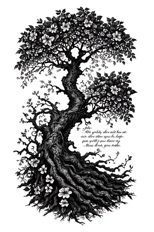 A Tall Tree Branch Intertwined With Vines And Flowers That Has A Bible Verse