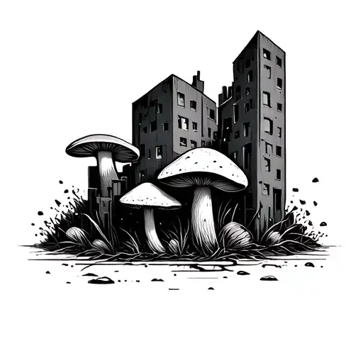 Minimalist Sketch Of A Mushroom Growing Out Of Buildings