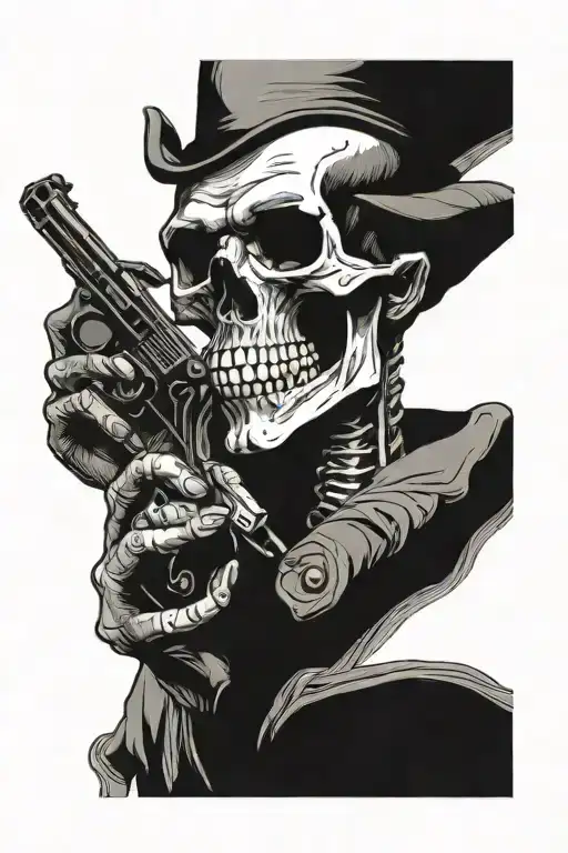 Skull Holding Revolver Under Chin